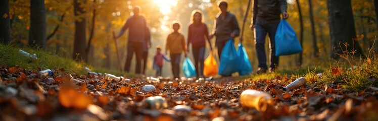 Fototapeta premium People walk in autumn forest collecting rubbish in blue bags. Community cleanup volunteers clean park path. Adults and children gather garbage, protect nature.