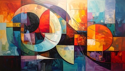 Abstract geometric composition with vibrant colors and dynamic shapes.