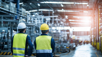 Fototapeta na wymiar Factory supervisors wearing safety helmets and safety vests observing production line operation for quality control