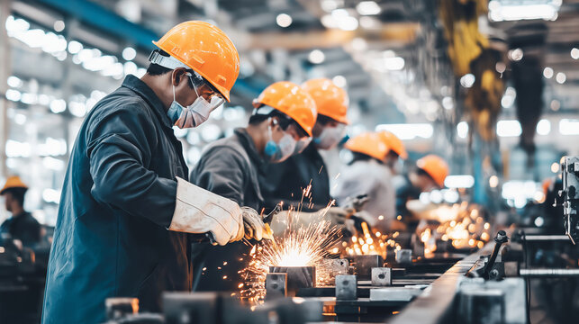 Factory workers wearing protective equipment welding metal in production line, industrial manufacturing process