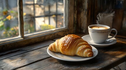 Fototapeta premium A flaky golden croissant rests on a rustic wooden windowsill beside a steaming cup of coffee with latte art, bathed in warm morning sunlight through a weathered window.