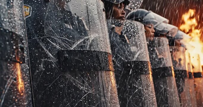 Riot Police Officer Behind Scratched Shield in Rain
