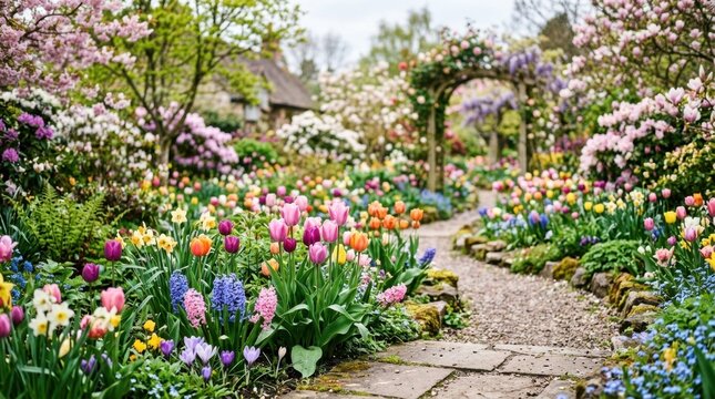 Garden path surrounded by colorful flowers and trees blooming in springtime