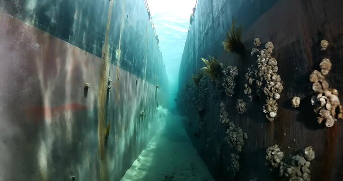 Underwater View Swimming Between Massive Ship Hulls
