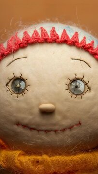 Vertical video: Camera zooming closer to cloth doll on shelf, showing knit hat, scarf, button-eyes