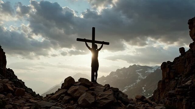 Silhouette of person on cross in mountain