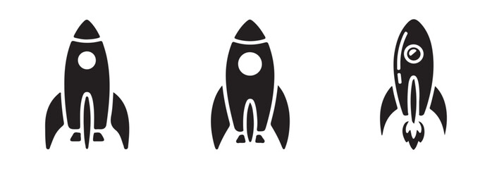 Set of three solid black filled rocket ship icons one tilted in flight with engine thrust visible and two upright © FARJANAAKTER