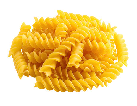 Pile of bright yellow spiral pasta shapes against a black background