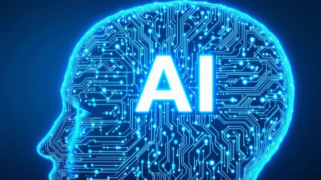 Human head with circuit board and AI text