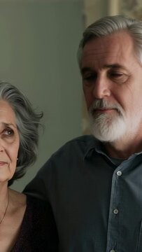 Vertical video: Turning senior man holding her shoulder, looking at her at home, showing support