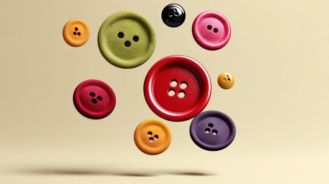 Colorful buttons in various sizes and shapes floating against a light beige background, showcasing a range of textures and colors for sewing and crafting purposes