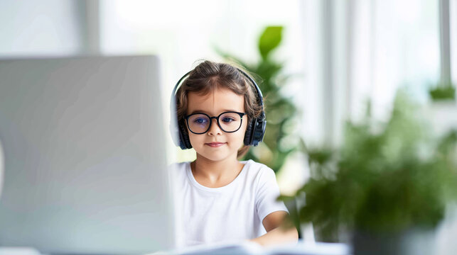 Little girl wearing headphones learning online with laptop, smiling student studying remotely, child education concept