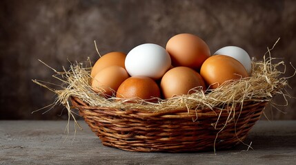Fresh brown and white eggs arranged in a woven basket with straw on a rustic wooden surface, creating a natural and organic food presentation