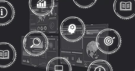 Displaying semi-transparent dashboard panels with charts, HUD rings and icons on dark interface