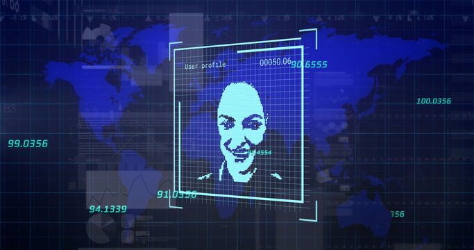 Adult male pixelated portrait appearing inside biometric scan frame on UI with world map grid data
