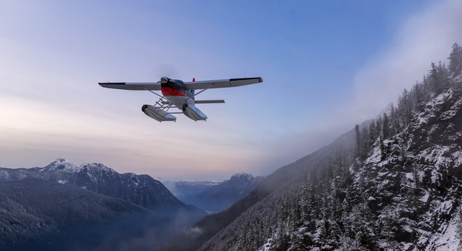 Seaplane Flying Over Snowy Mountain Valley at Sunrise &mdash; Floatplane Winter Scenic 3D Rendering