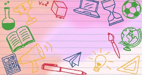 Displaying lined notebook sheet on pastel gradient, featuring laptop and globe icons