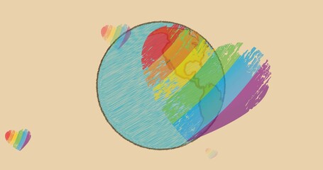 Showing pencil-hatch globe at center on beige backdrop, featuring diagonal rainbow heart and hearts