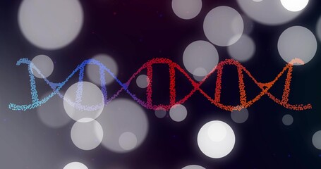 Glowing stylized DNA helix shifting across dark digital backdrop, with bokeh lights and particles