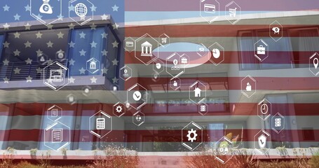 Showing apartment on street with balconies, glass rails, sliding doors, US flag overlay, hex icons