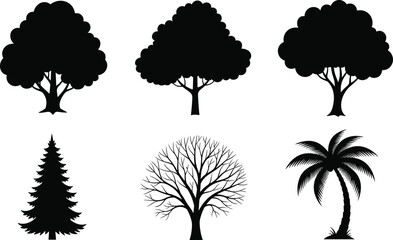 Fototapeta premium Tree silhouette collection featuring oak, pine, palm, leafless and deciduous trees, black nature icons isolated on white background
