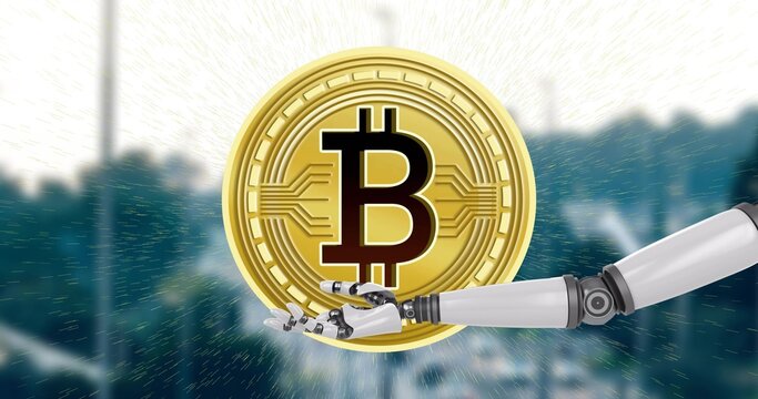 Presenting gold Bitcoin coin at center in render, robot arm holding right, motion blur and flares