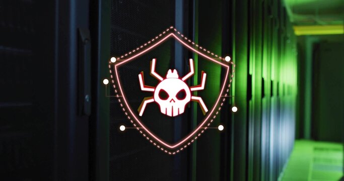 Floating holographic shield emblem pulsing skull-spider motif in dim data center aisle, with racks