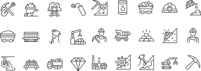 Set of icons related mining, coal, industry. Editable stroke. Vector © hadidesign