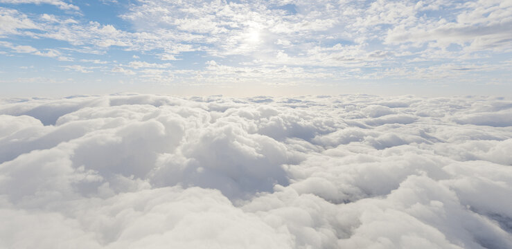 Sunlit Fluffy Clouds and Blue Sky From Above &mdash; Aerial Sunlit View