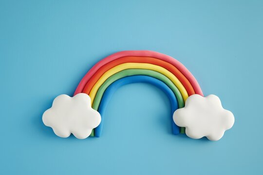 Cute playdough rainbow with white clouds colorful claymation style plasticine scene on blue background