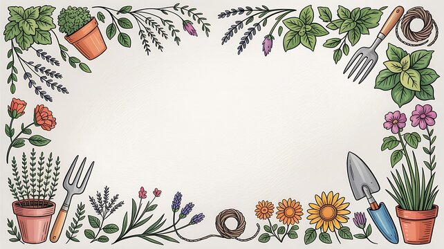 Garden plants and tools create colorful gardening border frame
