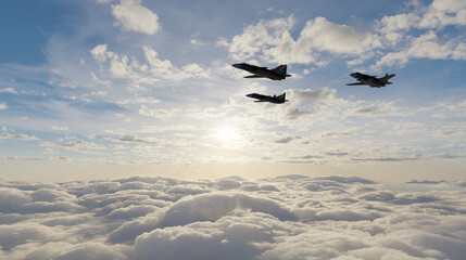 Naklejka premium Three Fighter Jets Flying in Formation Above Sunlit Clouds at Sunrise High Altitude