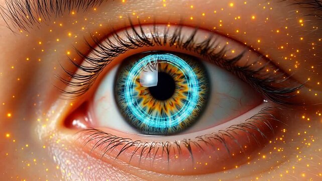 Closeup of an eye with glowing patterns