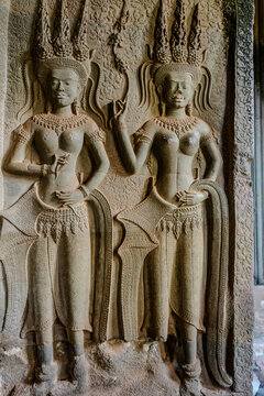Apsara bas relief carvings at Angkor Wat temple in Cambodia