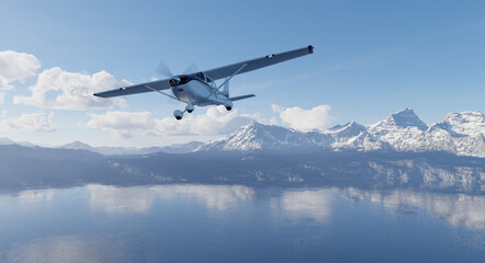 Small Single-Engine Plane Flying Over Snowy Mountains and Reflective Lake — 3D Rendering © edb3_16