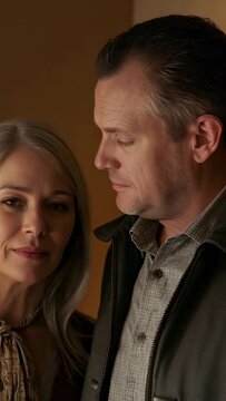 Vertical video: Smiling woman on left closing eyes leaning into man at home, man glancing shirt