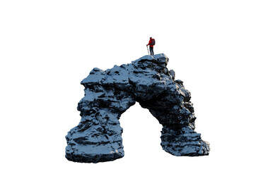 Lone Hiker Standing on Snowy Rock Arch Overlooking Vast Winter Landscape &mdash; 3D Rendering