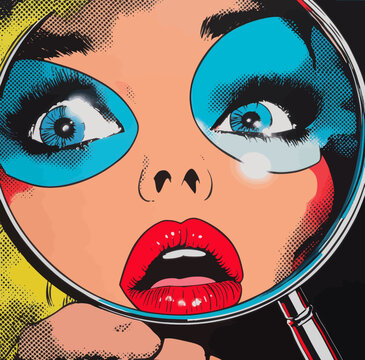 The illustration, done in a pop art style inspired by retro comics, features a woman who works as a detective and is searching with the aid of a magnifying glass