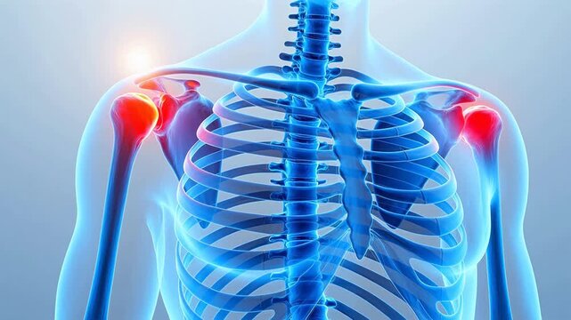 Human skeleton with shoulder joint focus