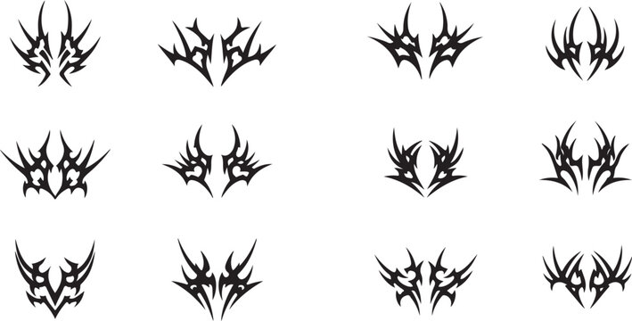 Cyber Sigil Neo Tribal Art Constructor Set. Symmetrical Gothic Tattoo Flash Elements Vector Illustration.