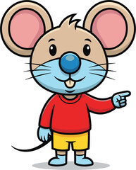 Cute cartoon mouse character pointing, friendly animal mascot, kids illustration, colorful vector rodent, smiling nursery design, playful
