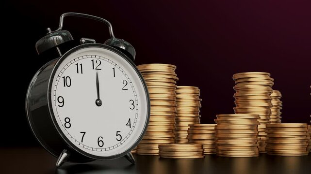Vintage alarm clock with rapidly spinning hands alongside growing stacks of gold coins in a 3D animation. Hourly wages, compound interest, and long-term financial passive income concepts.