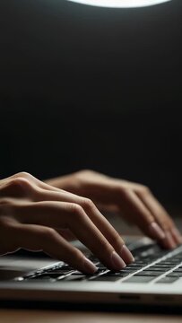 Vertical video: Typing slender bare hands pressing keys at desk after placing over laptop keyboard