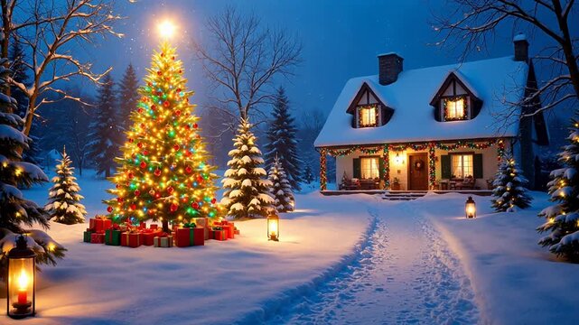 Snowy Christmas scene with decorated tree and house