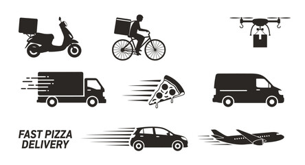 Naklejka premium Set of icons representing various modes of fast delivery, including scooters, bicycles, drones, trucks, cars, and airplanes for efficient logistics and shipping services