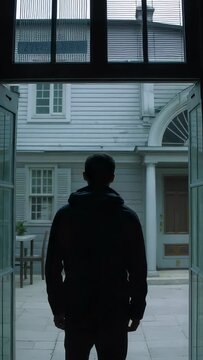 Vertical video: Standing man in dark hoodie watching courtyard from home doorway, with transom