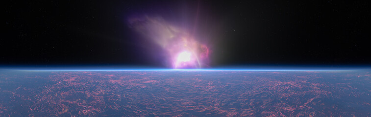 Alien Planet Horizon With Purple Stellar Explosion Over Rugged Surface — 3D Rendering © edb3_16