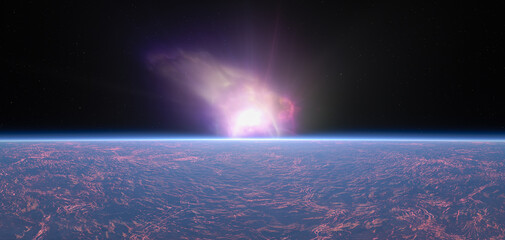 Alien Sunrise Over Distant Planet Horizon With Purple Nebula Explosion — 3D Rendering © edb3_16