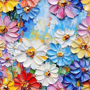 A vibrant and colorful painting of a variety of flowers against a blue background