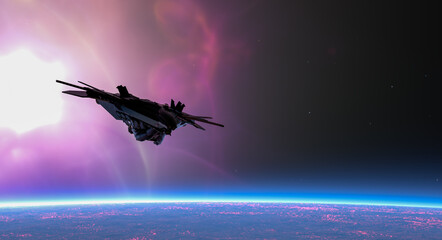 Futuristic Spaceship Flying Above Planet Horizon With Purple Nebula And Bright Sun © edb3_16